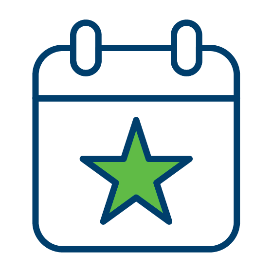 an icon in blue and green of a calendar with a star to indicate a special event