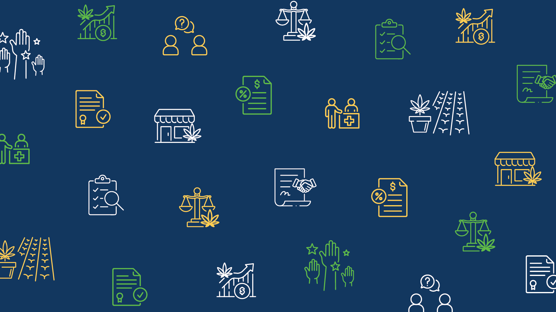 A pattern of yellow, green, and white icons on a blue background. The various icons represent licenses, sales, medical patients, taxes, social equity, small businesses, crops, compacts and cooperative agreements, outreach efforts, communications, and inspections.