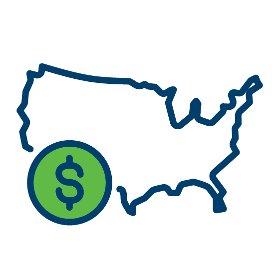an icon in blue and green showing the outline of the United States and a circle with a dollar sign in it implying commerce
