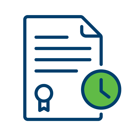 an icon in blue and green of a license with a clock timing out overlapping it