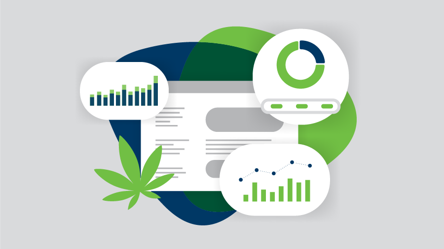 Green, blue, gray, and white illustration of a data dashboard featuring cannabis