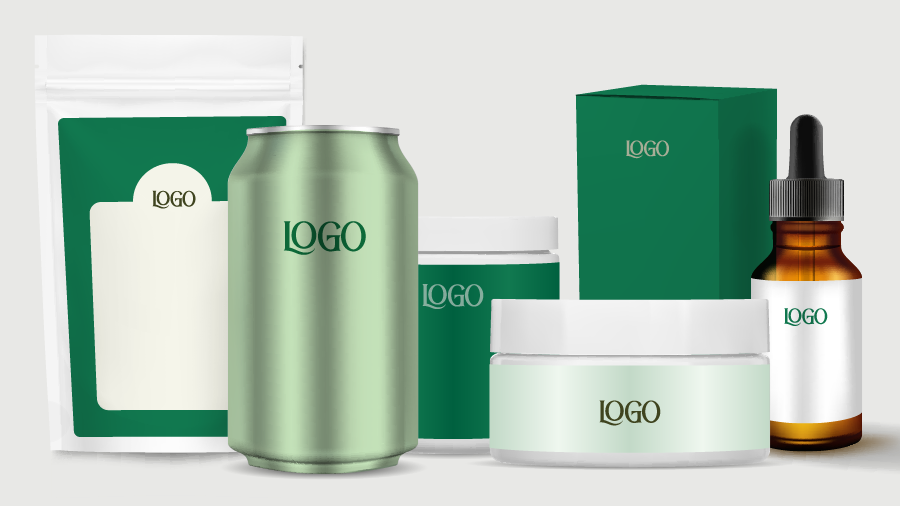 various cannabis and hemp packages with labels on them including a can, a pouch, jars with lids and a box next to a vial with a dropper.