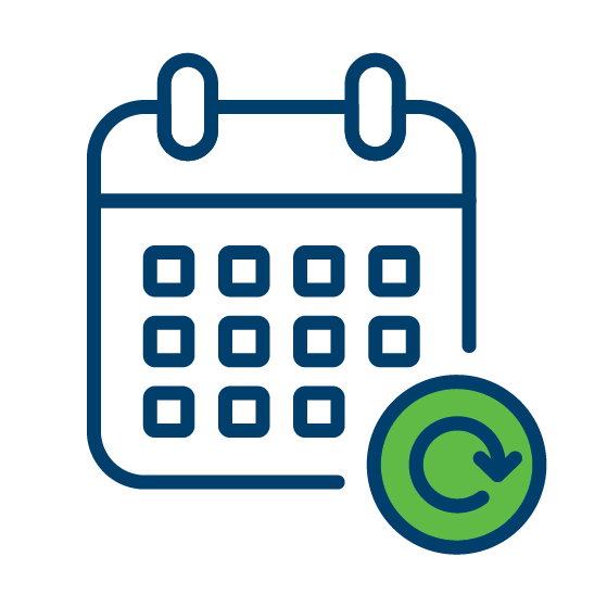 an icon in blue and green of a calendar with a circular arrow to indicate refreshing or renewing