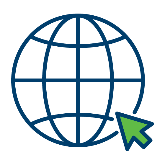 an icon in blue and green using the global site icon of a sphere with longitudinal and latitude lines accompanied by a cursor