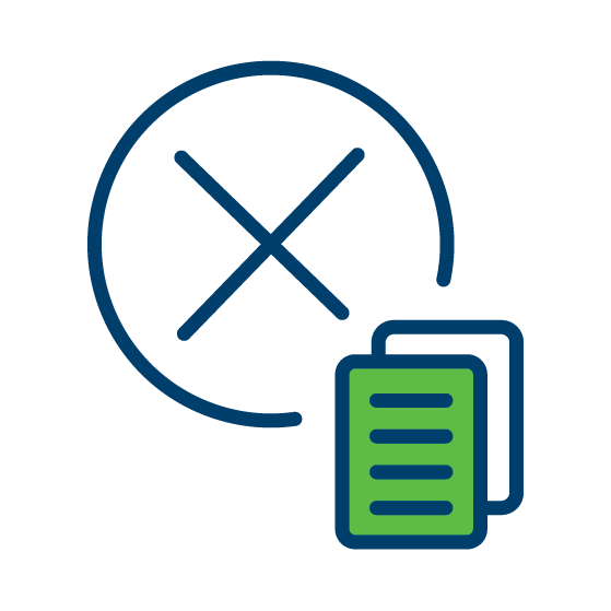 an icon in blue and green of a circle with an x through it and license documents overlapping it