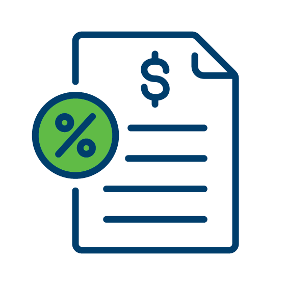 an icon in blue and green of a financial document with a percentage symbol overlapping it
