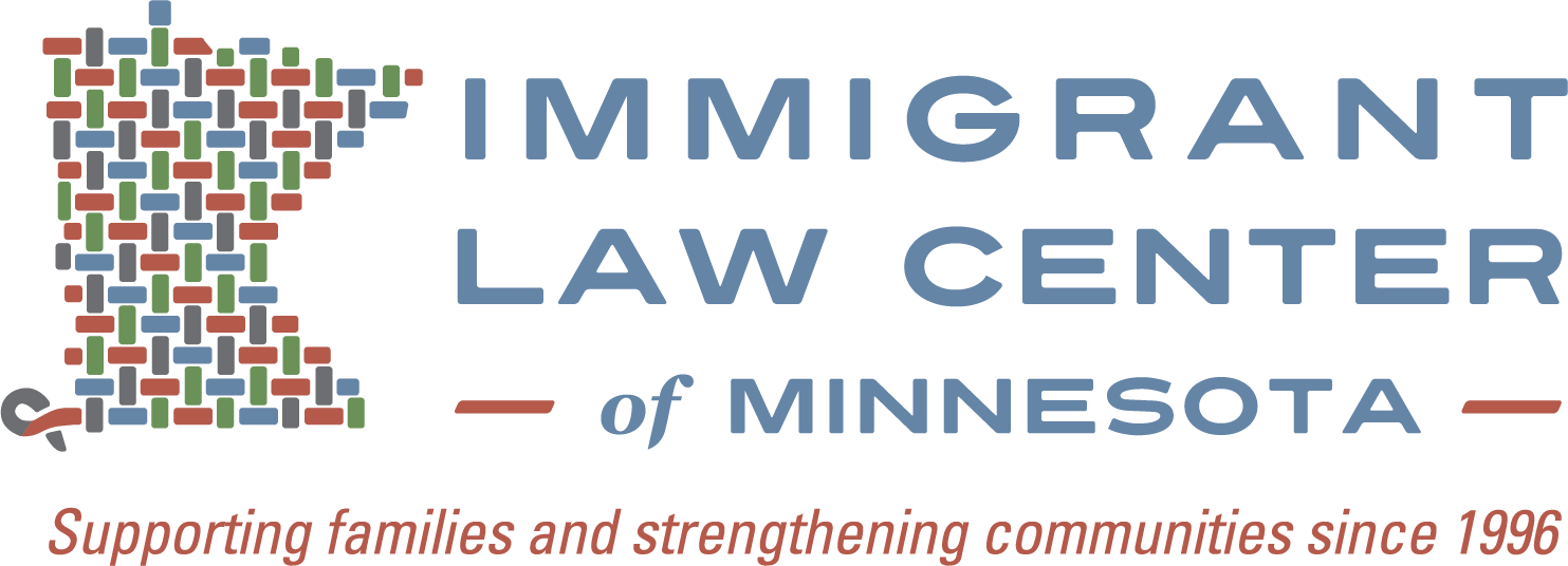 Logo for Immigrant Law Center of Minnesota, featuring a graphic of the state of Minnesota woven together