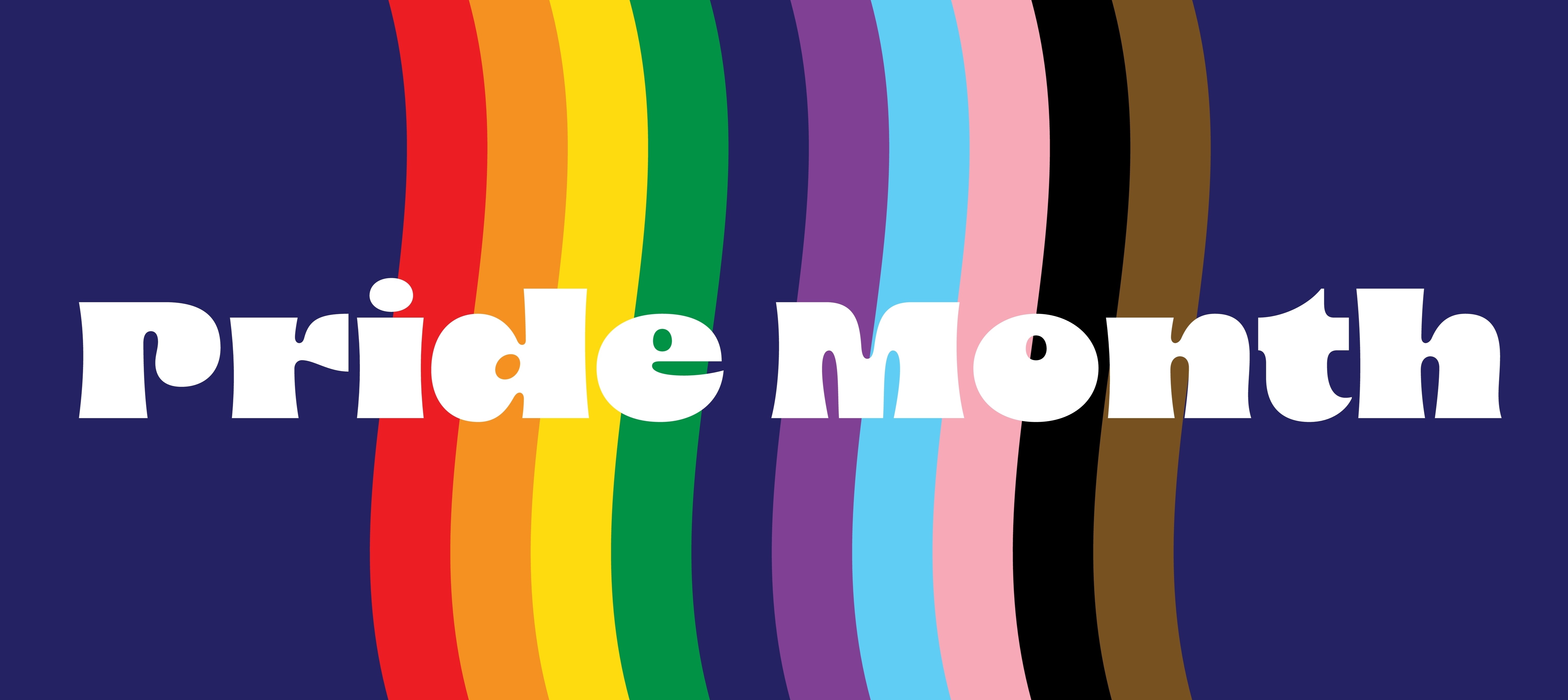Pride Month in white text over a navy background with a rainbow in the colors of the Pride flag.