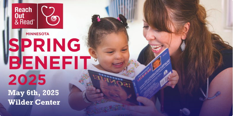 A woman reading to a young child, who is smiling. The caption reads Read Out and Read Minnesota Spring Benefit 2025, May 6th, 2025, Wilder Center