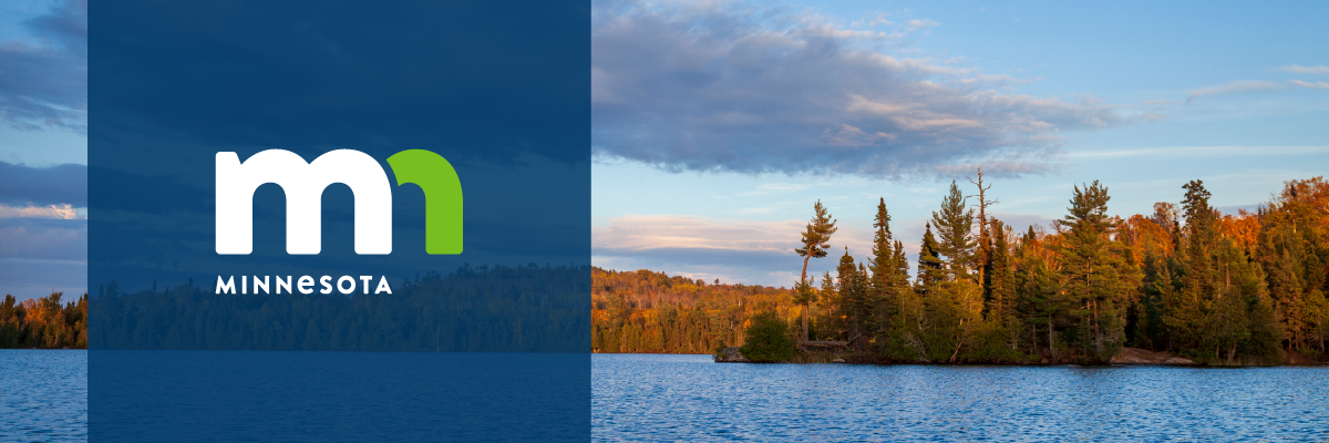 Backdrop of a Minnesota shoreline with a green and white version of the new Minnesota State Logo