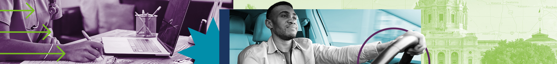 A photo colage consisting of someone using a laptop, someone driving a car, and the state capitol. 