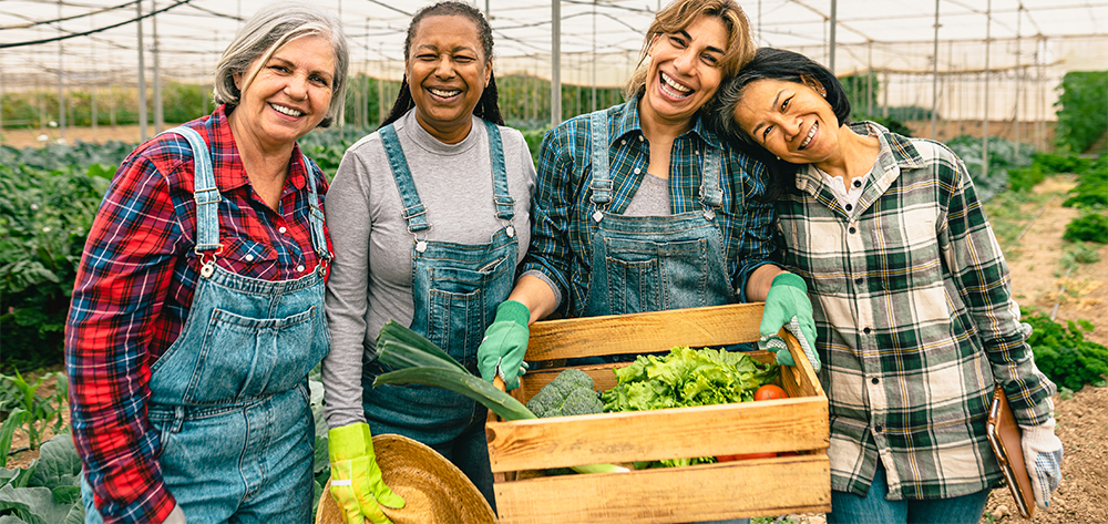 Four women standing together in farm work clothes smiling at the camera and holding a box of vegetables they harvested from the greenhouse where they work.