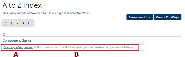 Segment of an A to Z Index with a link highlighted and broken into the title (#1) and the description (#2)