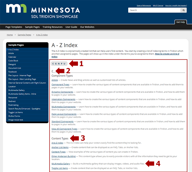 What an A to Z Index looks like with the component template applied