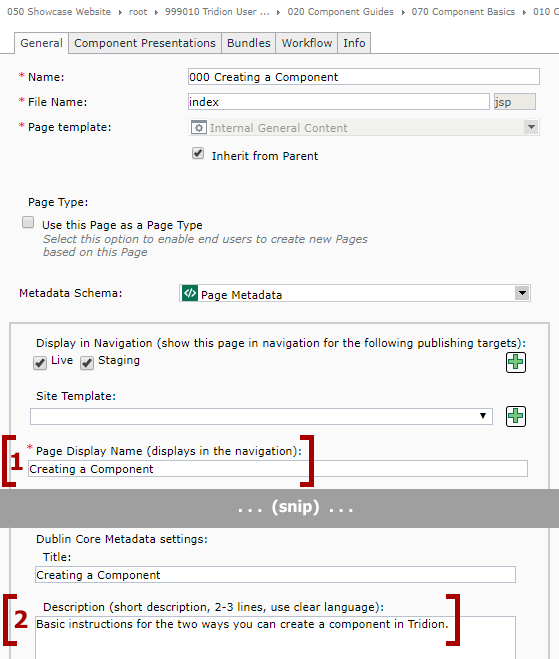 metadata for a page with the Page Display Names and Dublin Core Description fields highlighted