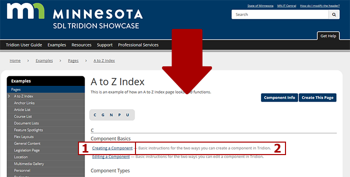 A to Z index page with a link title and description highlighted
