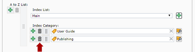 A to Z Index Category field with trashcan icon highlighted