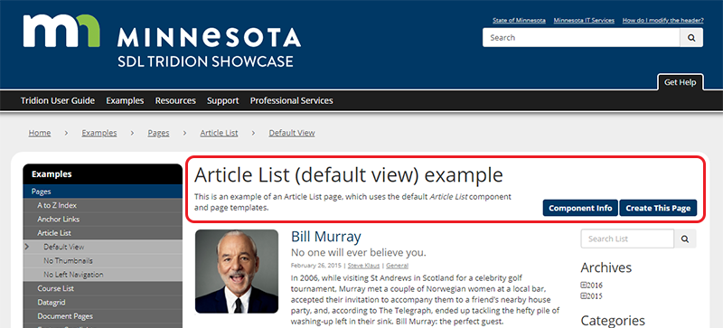 An Article List page with the intro highlighted