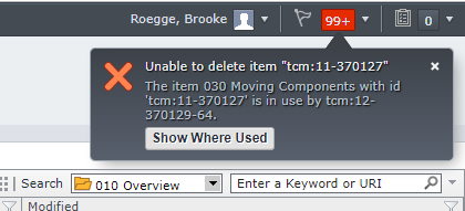 Error message shown when a component is in use