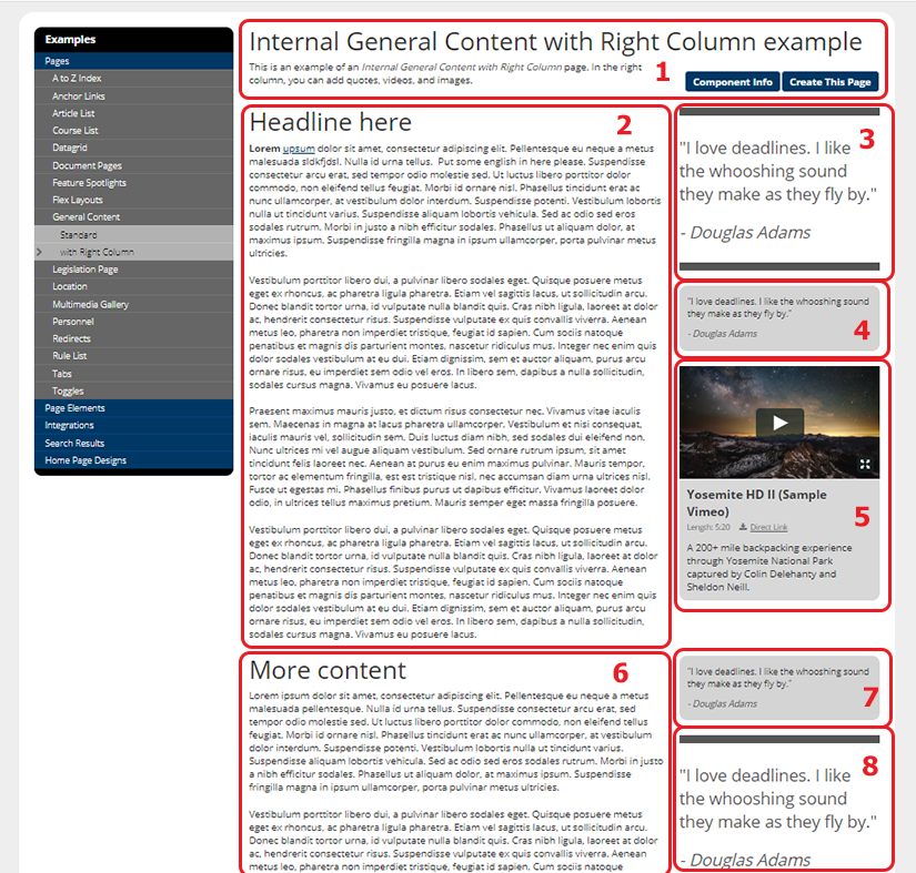 general content with right column page example, with components highlighted and numbered