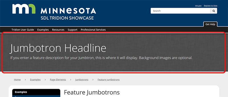 page with the feature jumbotron area highlighted
