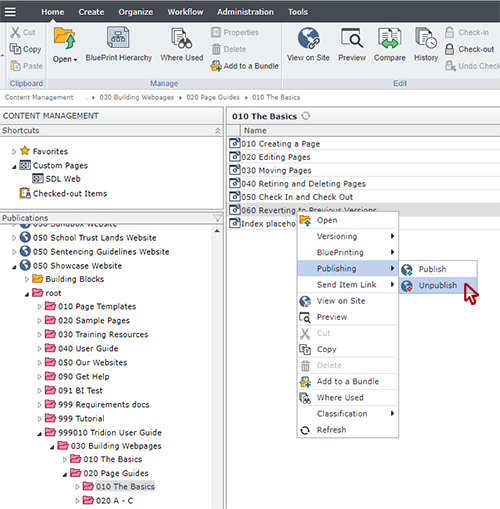 a page with the publishing > unpublish menu options highlighted