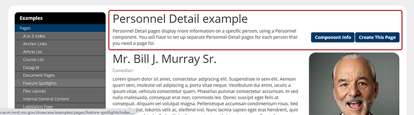 Personnel Detail page with the headline and intro paragraph circled