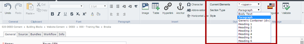 top ribbon with Current Elements, Section Type, and Style fields highlighted