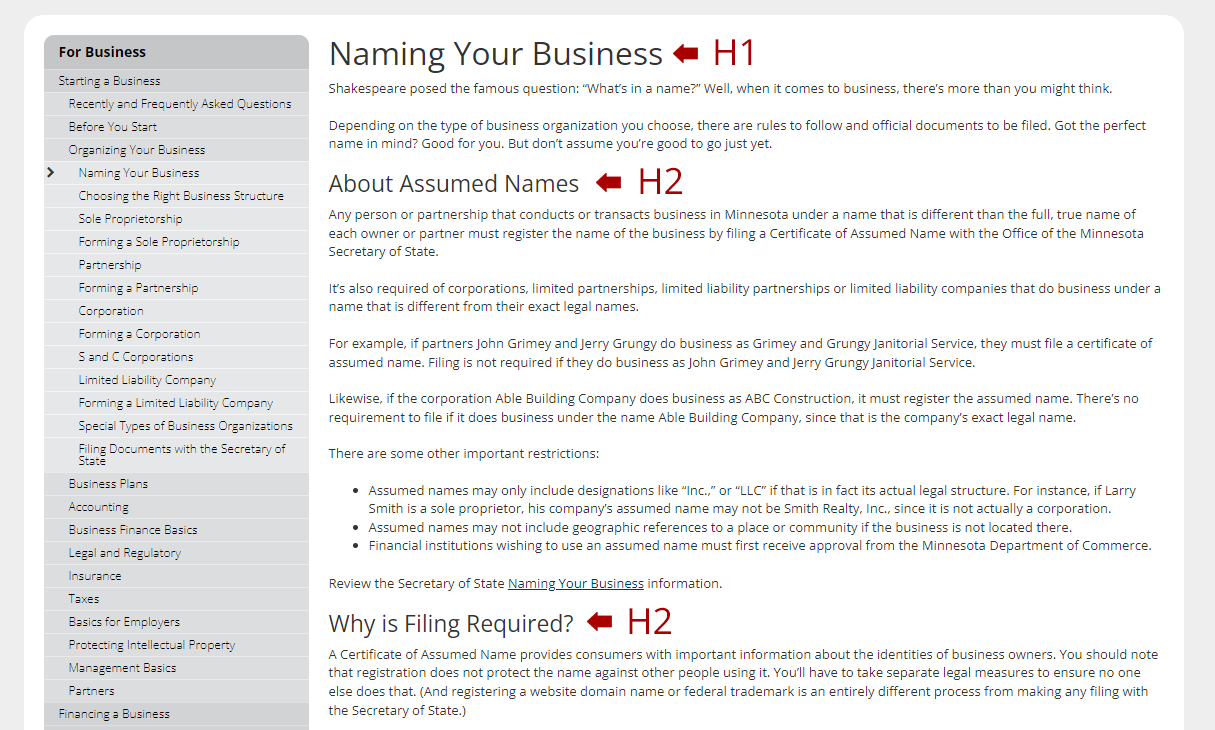 screencap of a webpage with the H1 and H2 headings labeled