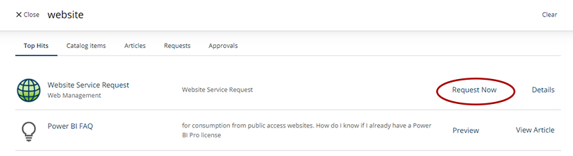 service hub screen with "request now" option highlighted