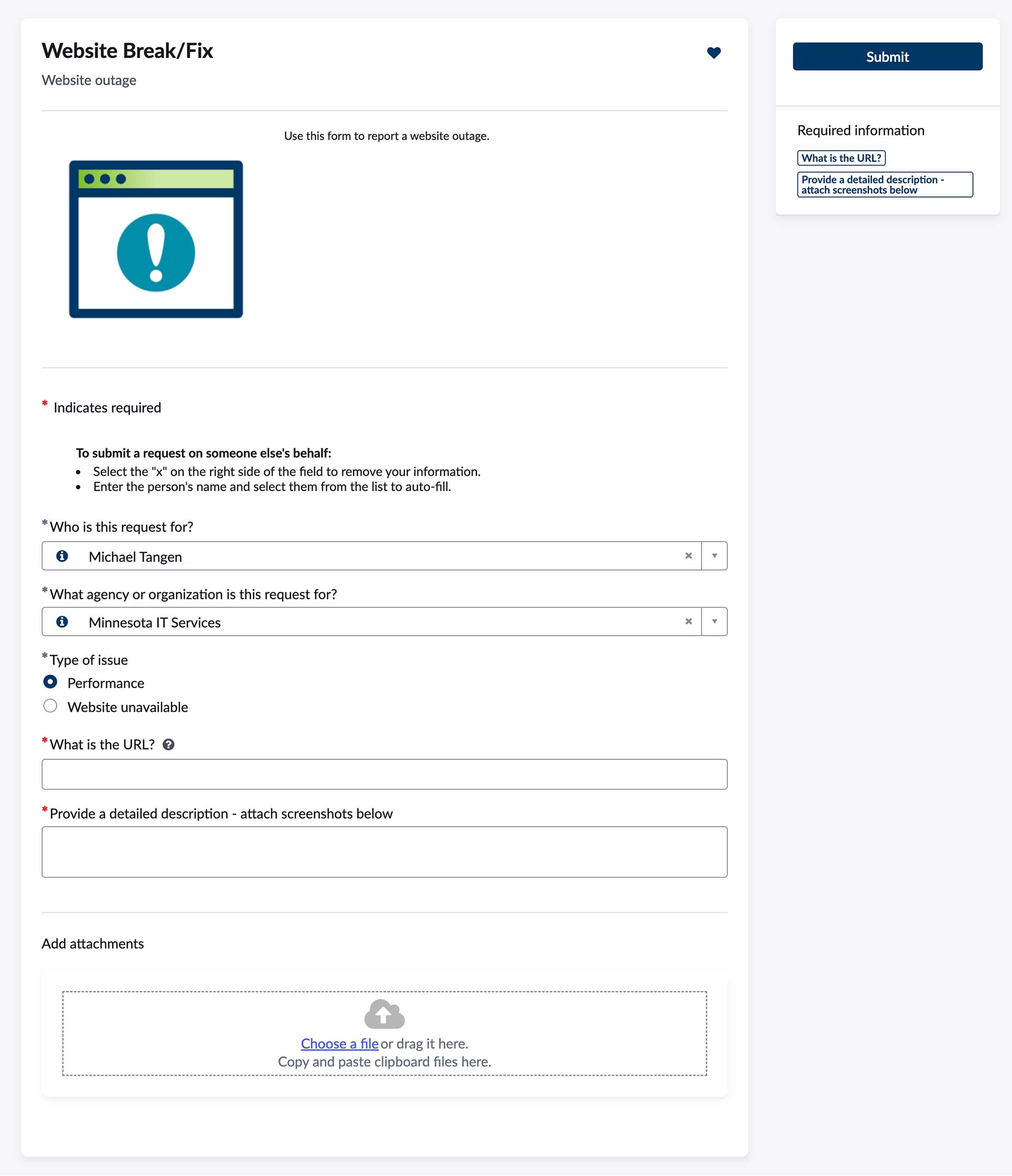 screenshot of the website break/fix form
