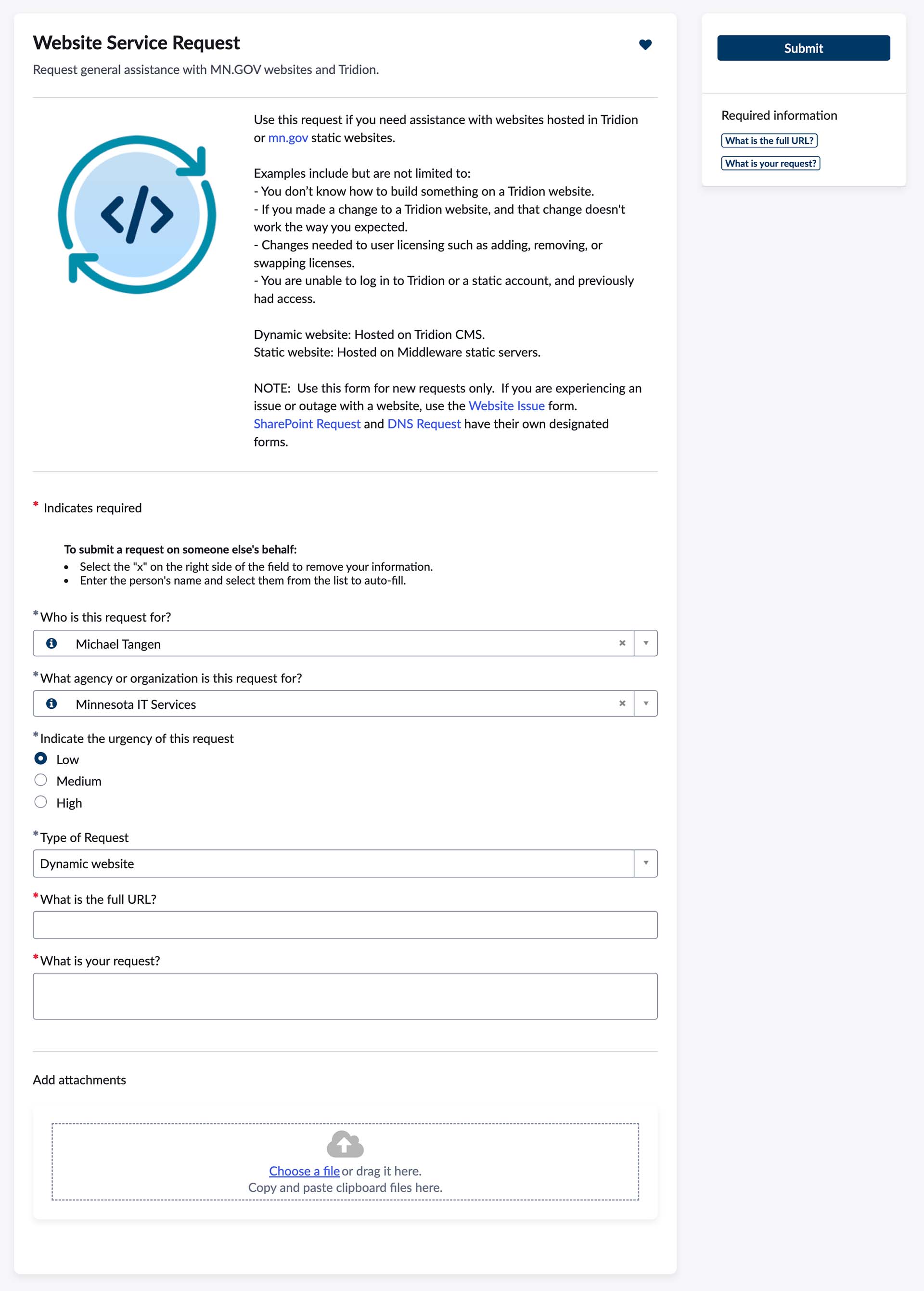 screenshot of the Website Service Request form