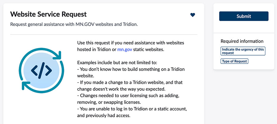 screenshot of a website service request