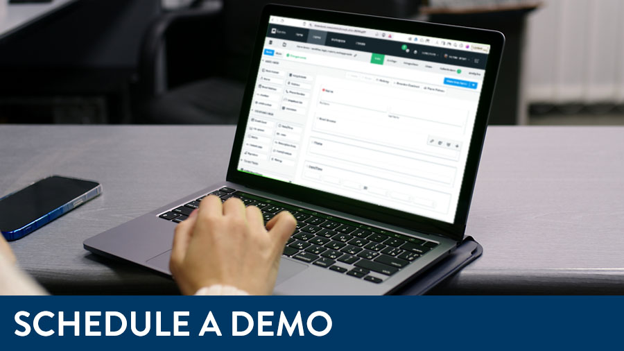 text: schedule a demo, photo: laptop with screenshot of Formstack