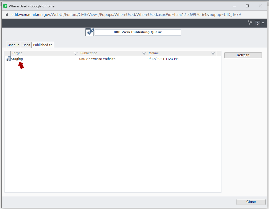 where used pop-up window with the Published to tab highlighted