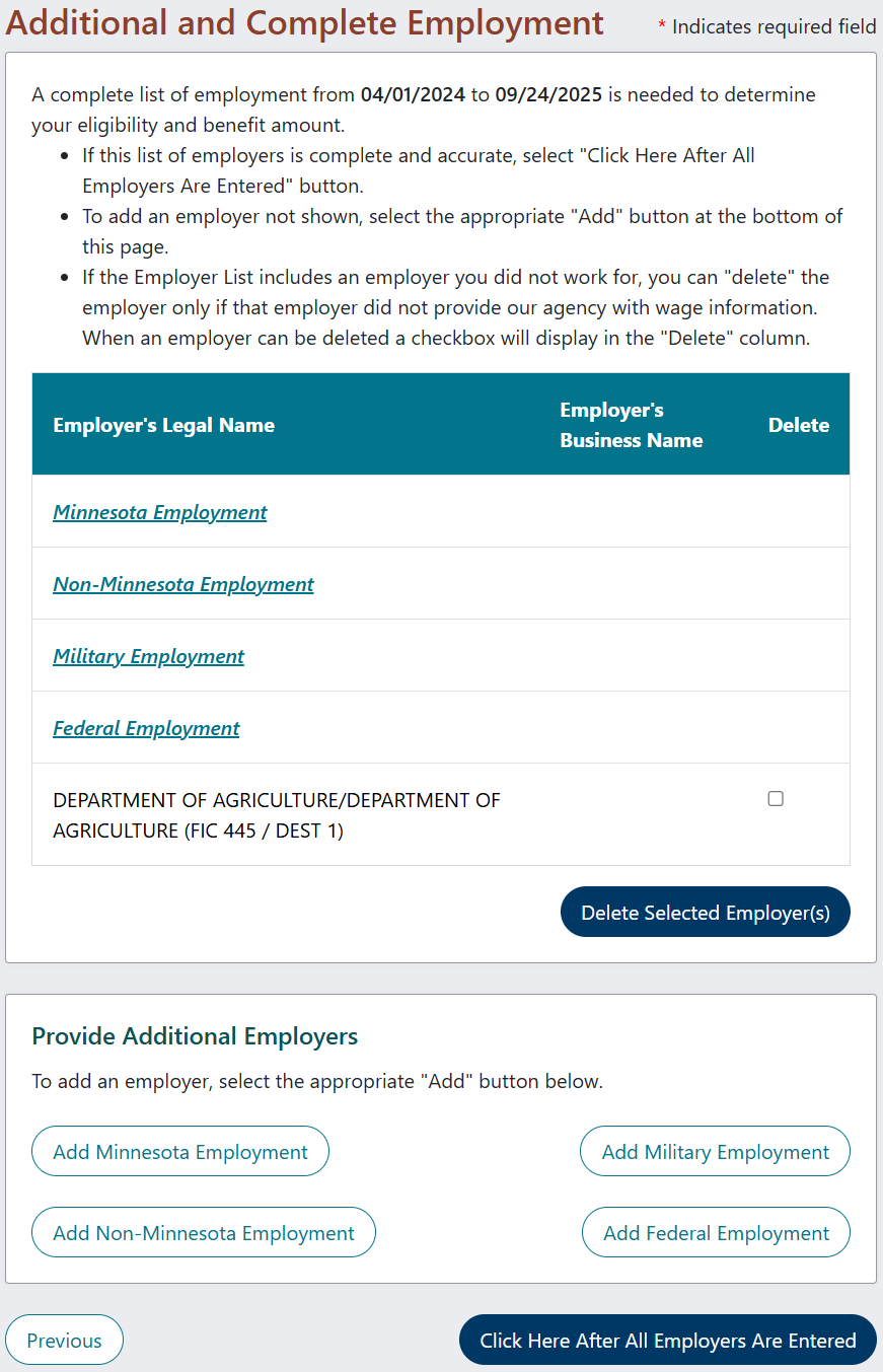 Screen shot of the Additional and Complete Employment page of the application.