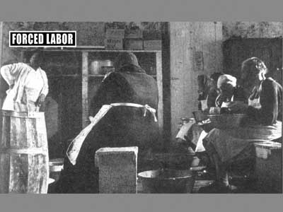 In cold, damp room at Massilon women peel potatoes, supervised by attendant at left.