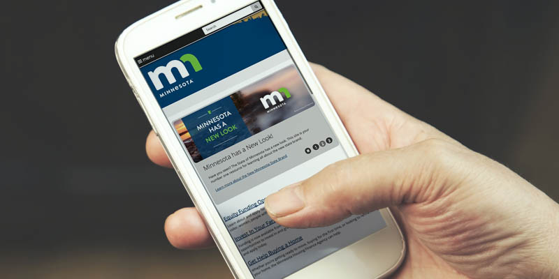 Person looking at the Minnesota state portal website on a mobile phone.